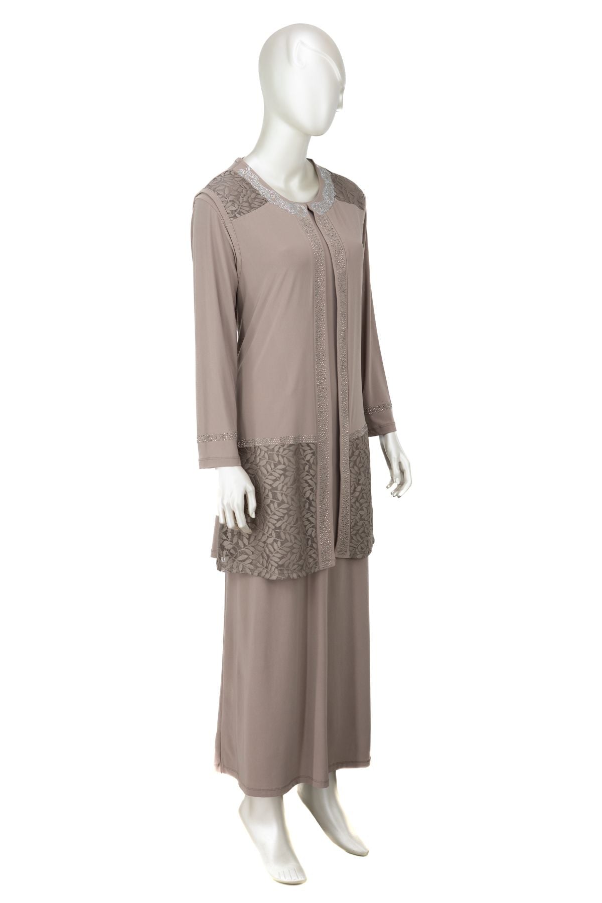 Kadın Elmas Kolyeli Yuvarlak Yaka Taşlı Likralı Sandy Kumaş Yelekli Takım Anne Abiye Elbise